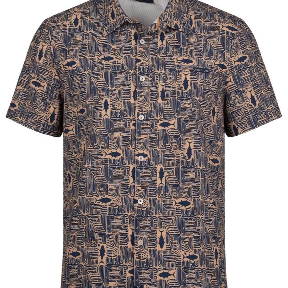 Salt Life Mens L Tan Navy Fish Geometric Button Up